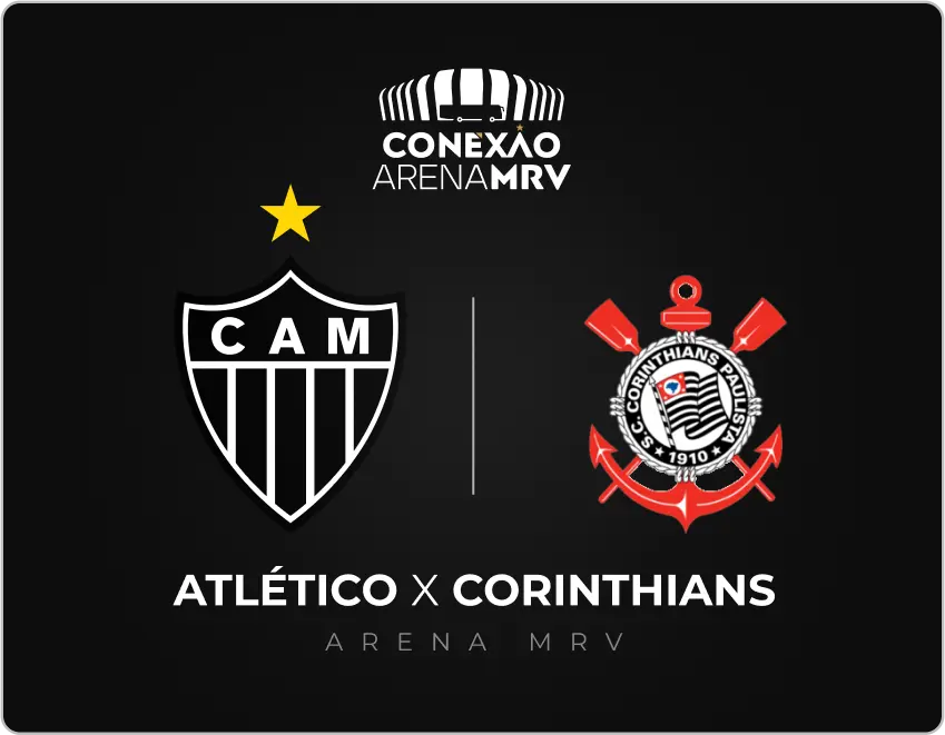 Banner do jogo Atlético Mineiro x Corinthians, com escudos dos dois times e informações sobre data, horário e local da partida.