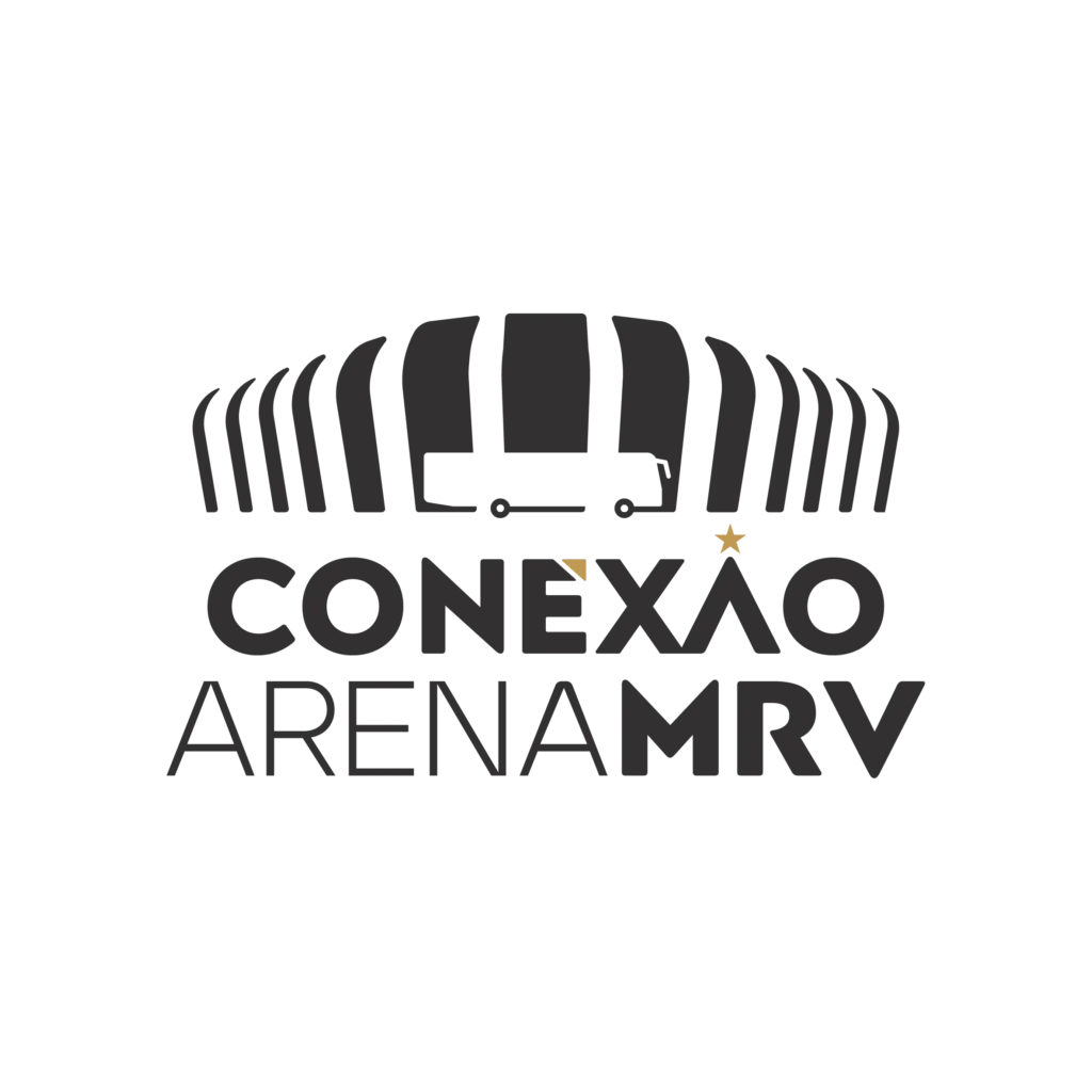 Logo do projeto Conexão Arena MRV, com tipografia moderna e elementos em preto, branco e dourado que remetem ao transporte oficial do estádio.
